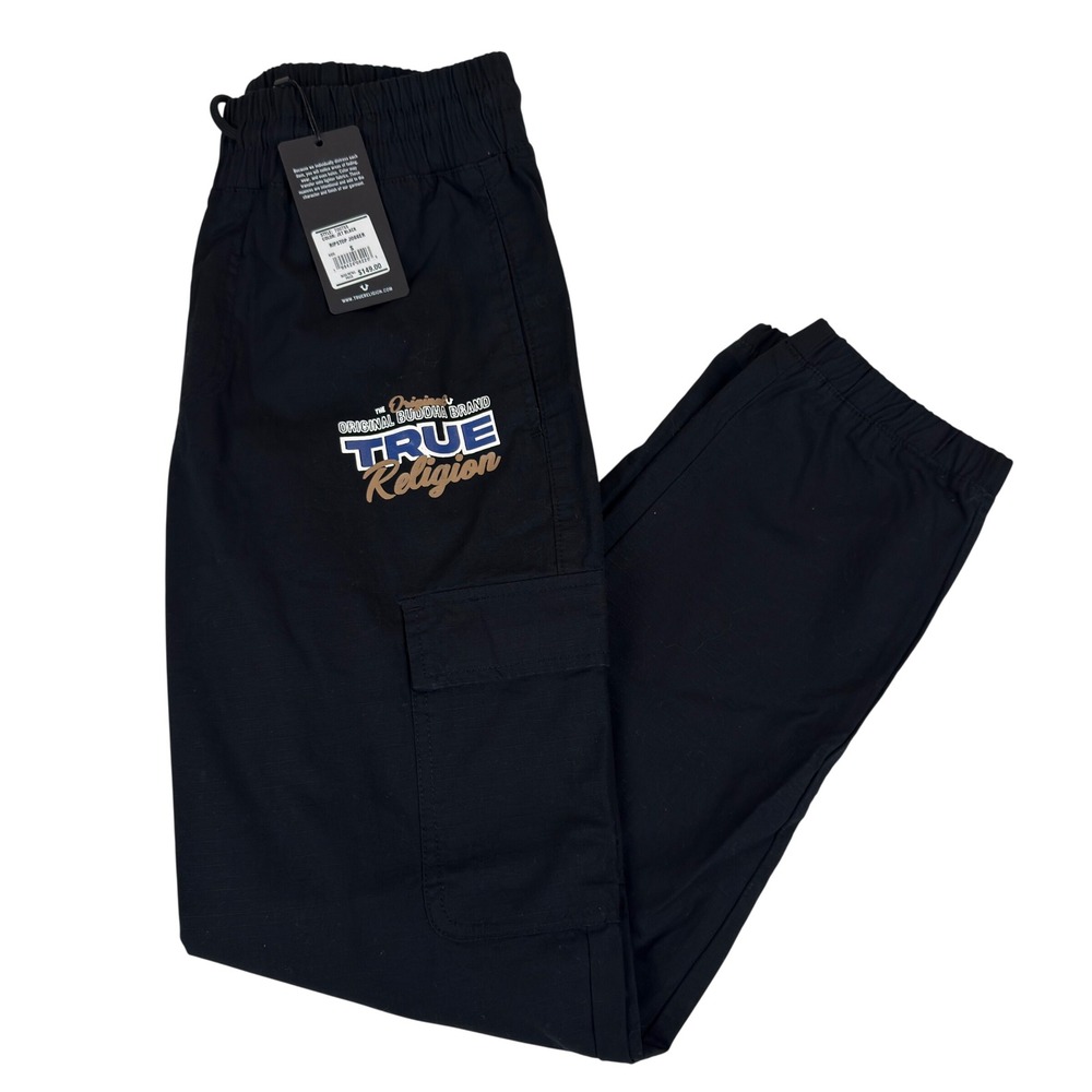 True Religion Men Ripstop Jogger Pants Jet Black Cargo Buddha Logo Small 30-34"